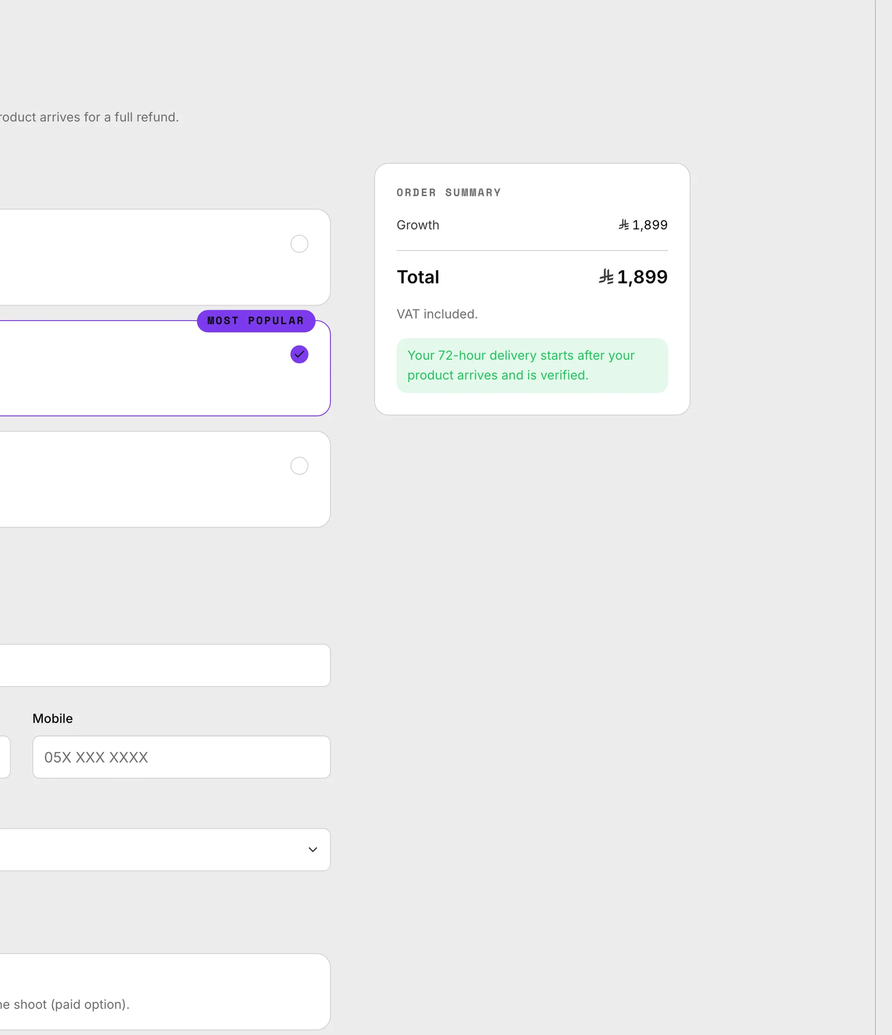 The Creative Lab checkout: three package cards with a violet-highlighted selection and an order summary totalling in Saudi riyals.
