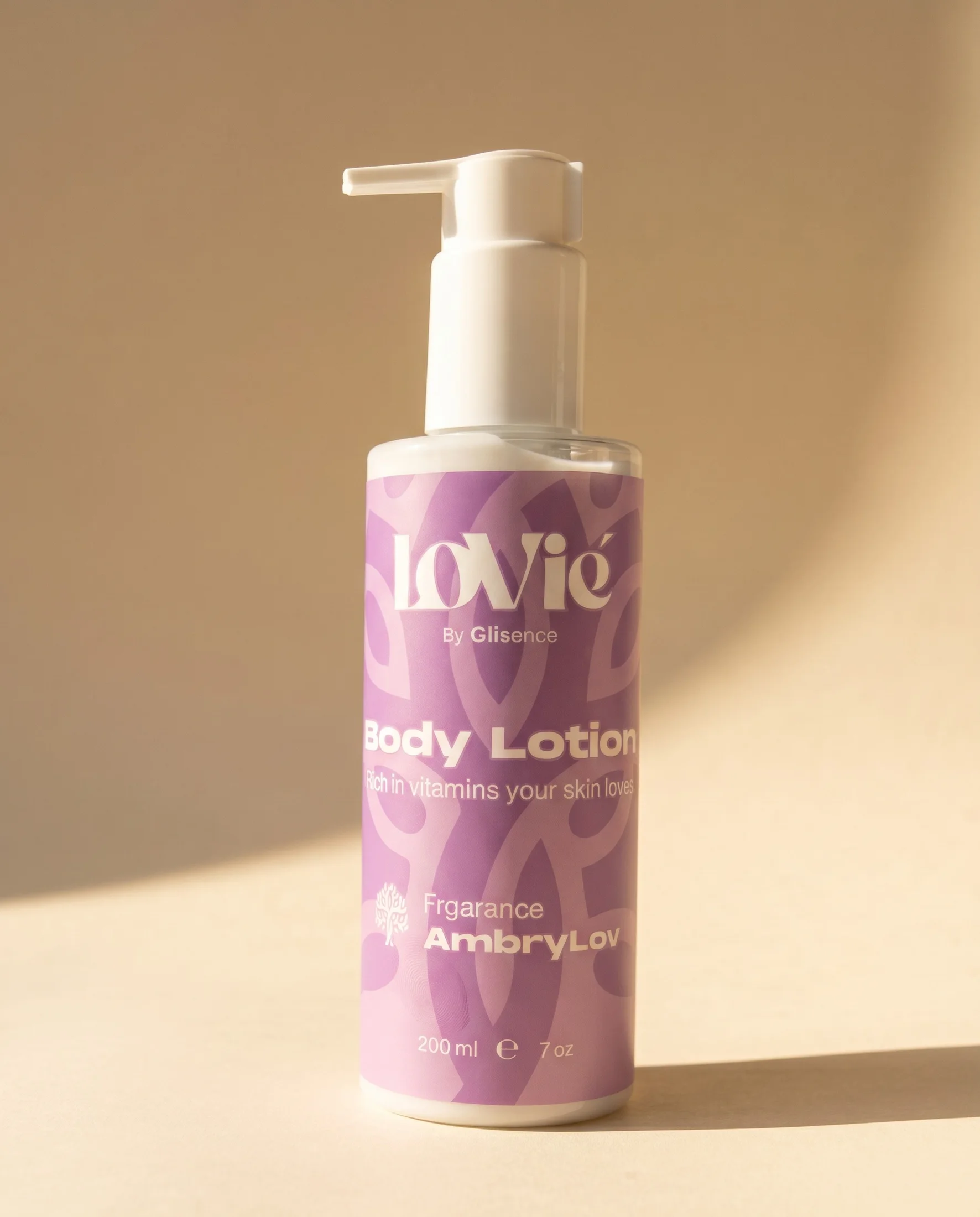 After frame: the same Lovie bottle rebuilt as a produced campaign photograph with styled light and set.