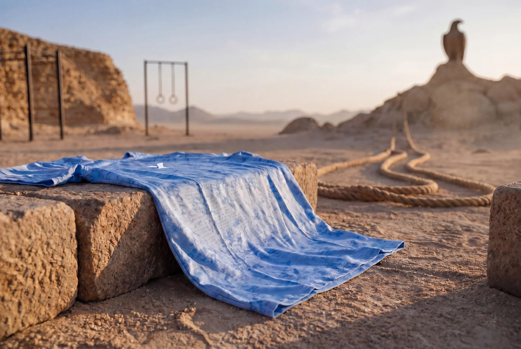 OQAB campaign frame: a falcon perched on a weathered swing set in a desert, a blue tarp caught by wind.