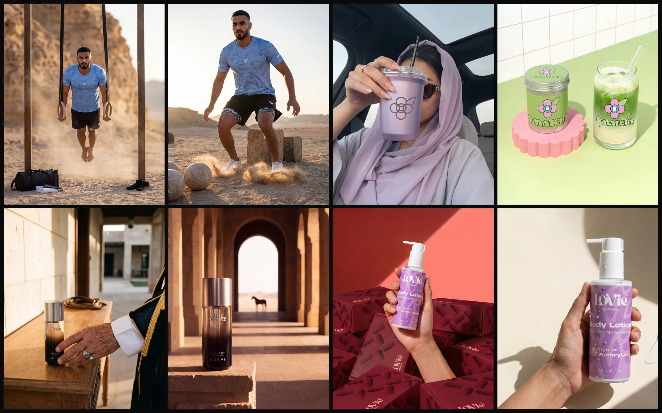 A contact wall of eight campaign frames spanning the OQAB, OMatcha, ASSAF and Lovie brand worlds.