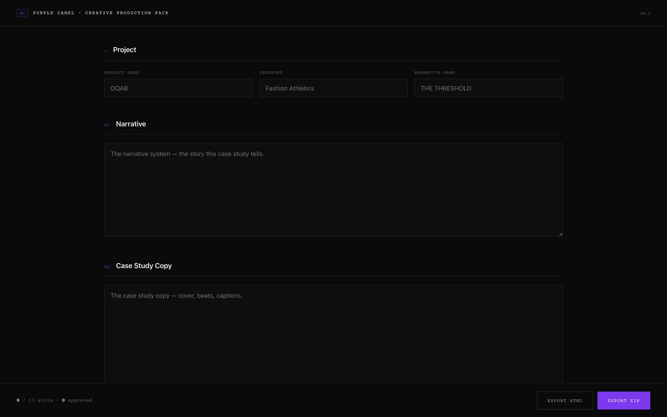 The Creative Production Pack interface: project index, narrative, case-study copy and image slots in a dark editorial layout.
