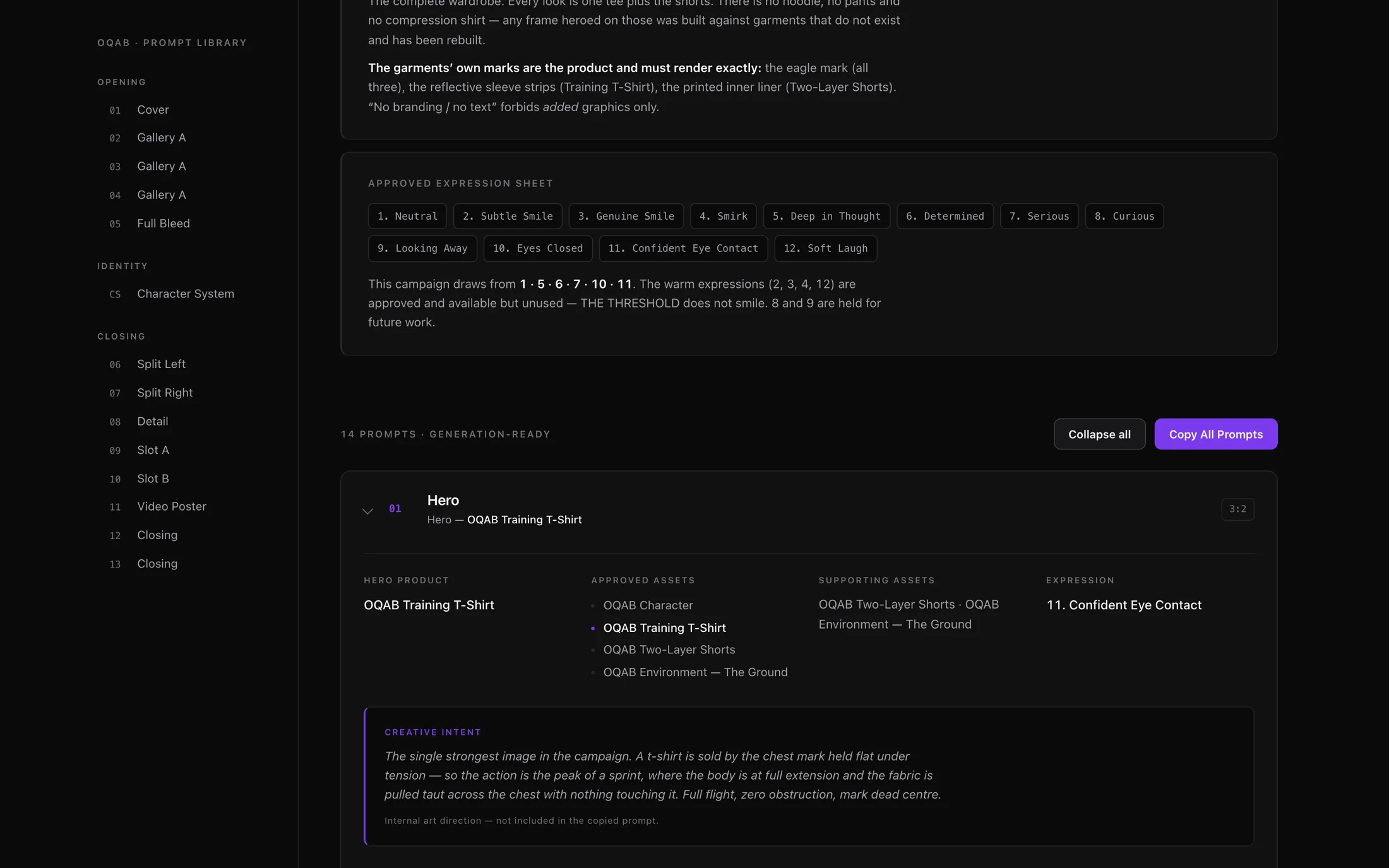 The production library interface: a dark sidebar of shots and an expanded card with camera, lighting, mood and negative sections.