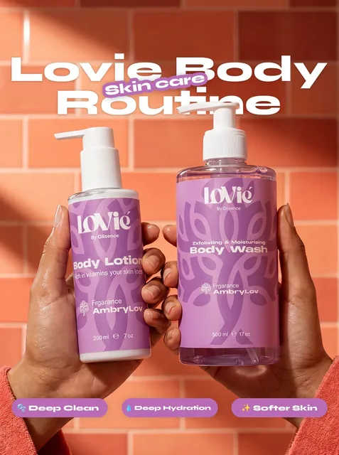 Lovie social post: two hands holding the body lotion and body wash against an orange brick wall, benefit pills beneath.