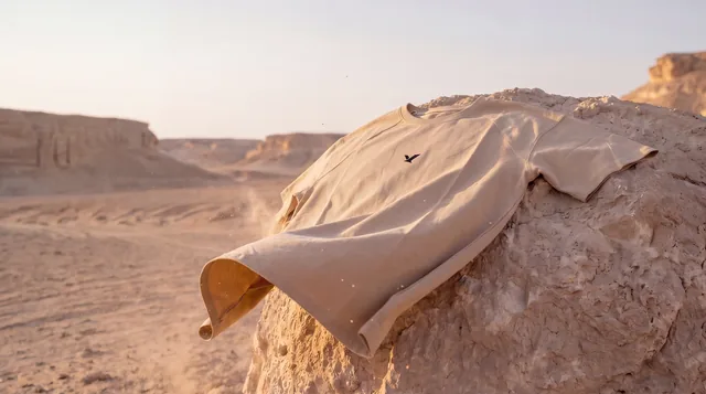 A sand-coloured OQAB tee draped over a desert rock in first light, the fabric lifted by wind.