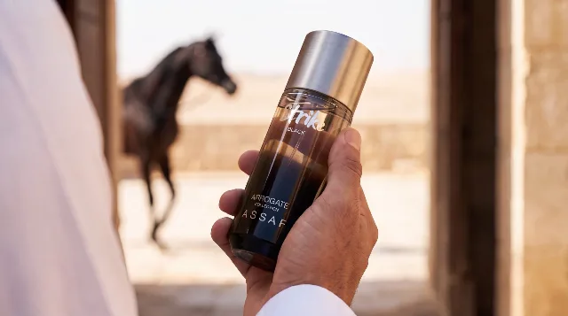 ASSAF campaign frame: a hand holding the Strike Black bottle from the Arrogate collection in warm directional light, a dark Arabian horse moving in the desert behind.