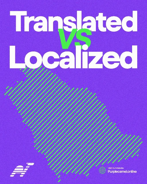Purple Camel social post: “Translated VS Localized” in white and lime over a halftone map of Saudi Arabia on violet.